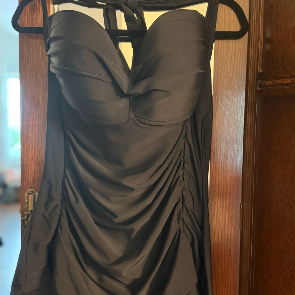 Black Halter Ruched Cocktail Dress - Picture 2 of 6